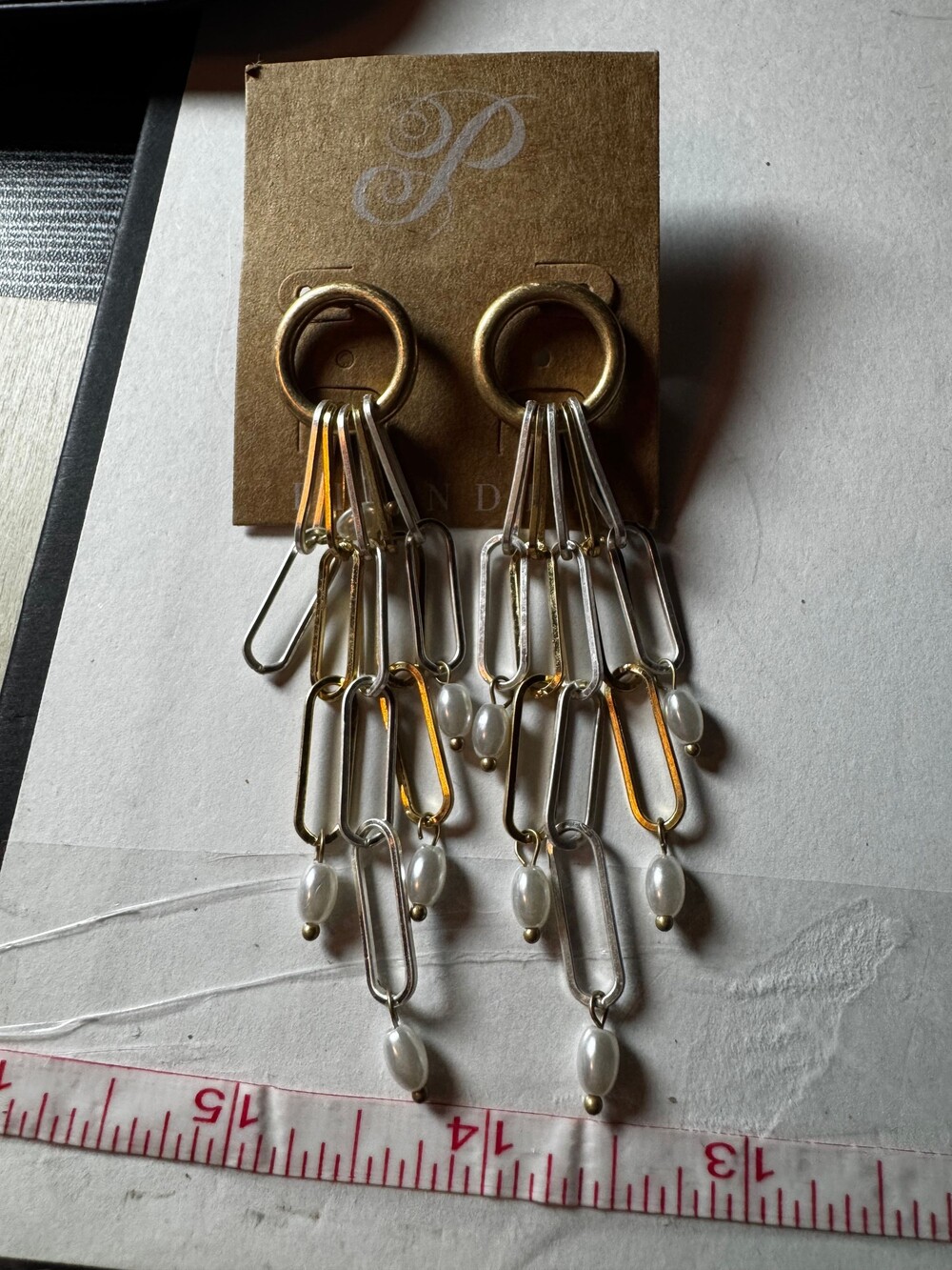 ★ Plunder Mixed Metal Chain Link Pearl Dangle Statement Earrings